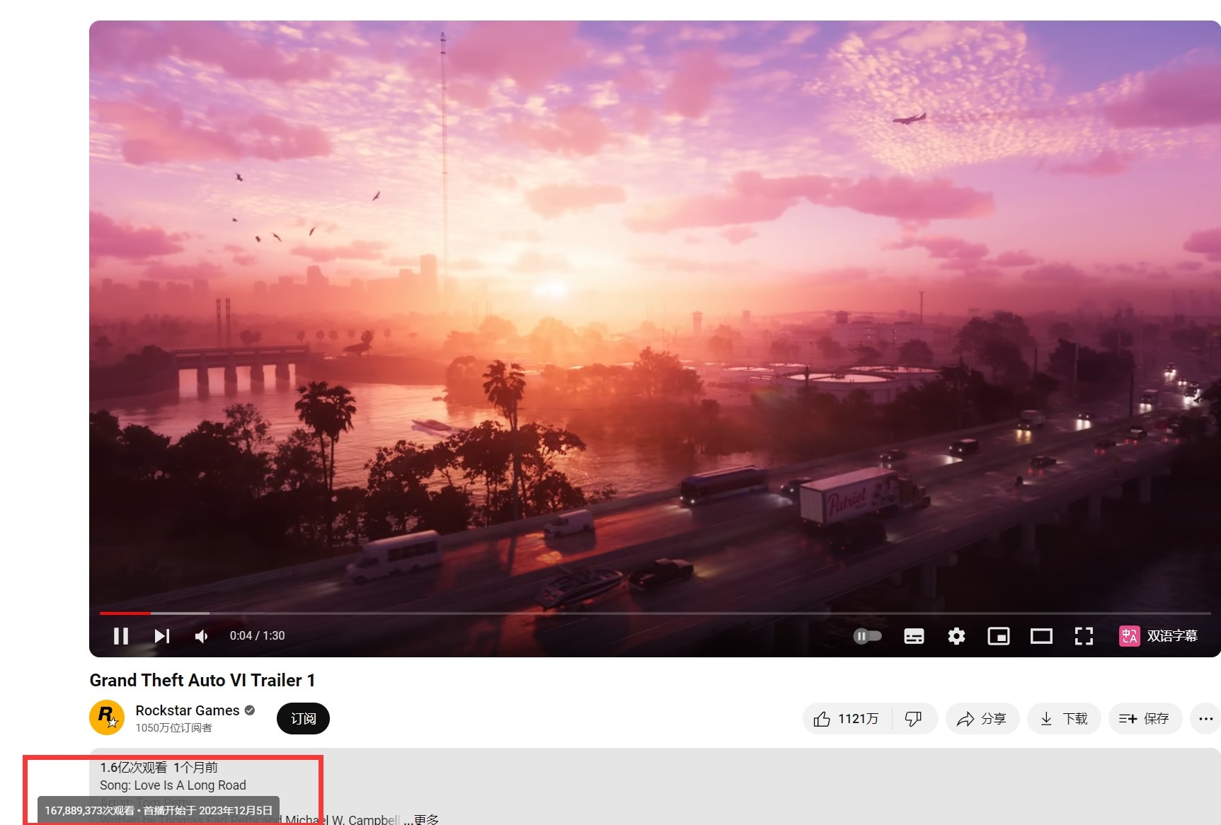 《GTA6》预告片播放量跃居油管游戏预告第二，超越《我的世界》历史纪录
